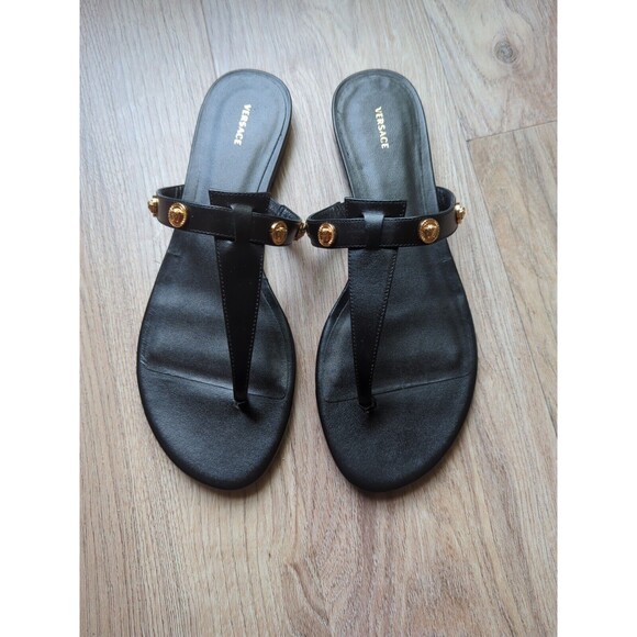 Versace Medusa Studs Flat Thong Sandals Black Leather Womens 10 EU 40 DST669CS - Picture 6 of 14